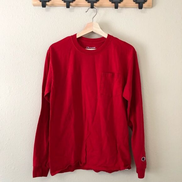 Champion Men's Red Long Sleeve Crewneck Chest Pocket Sleeve Logo Shirt Sz Medium - Picture 1 of 4